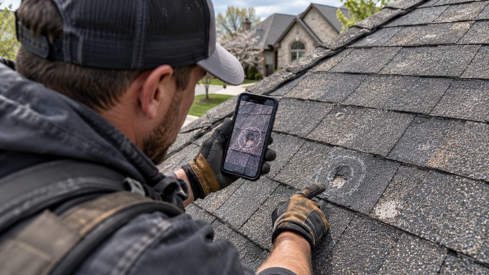 A roof inspector photographing a hail hit circled in chalk with his phone, a scene