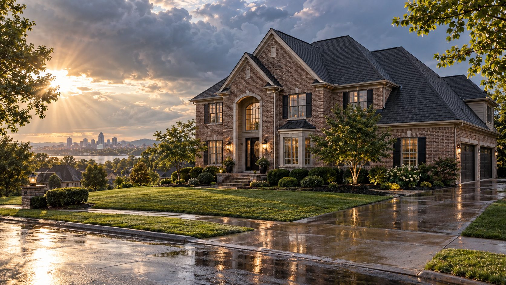 A brick house on a hill above the Louisville skyline at dusk after rain, the street wet, the roof dark and whole, a scene