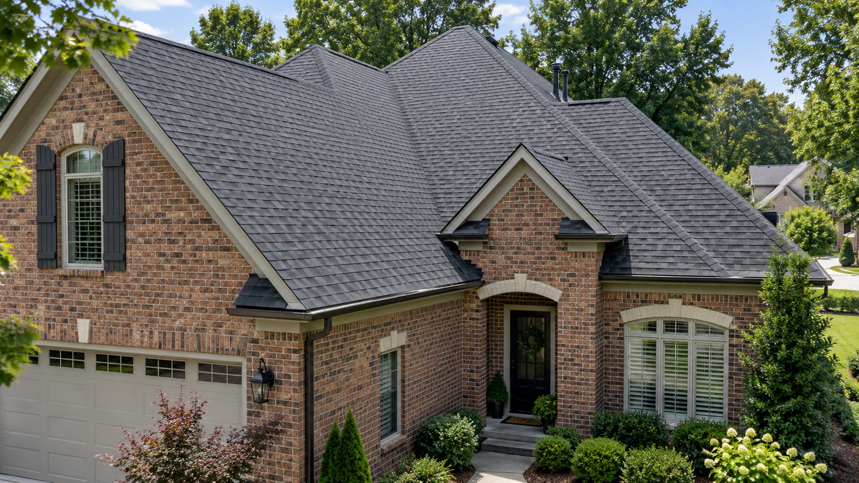 A finished dark architectural shingle roof on a brick house, seen from above the front, a scene